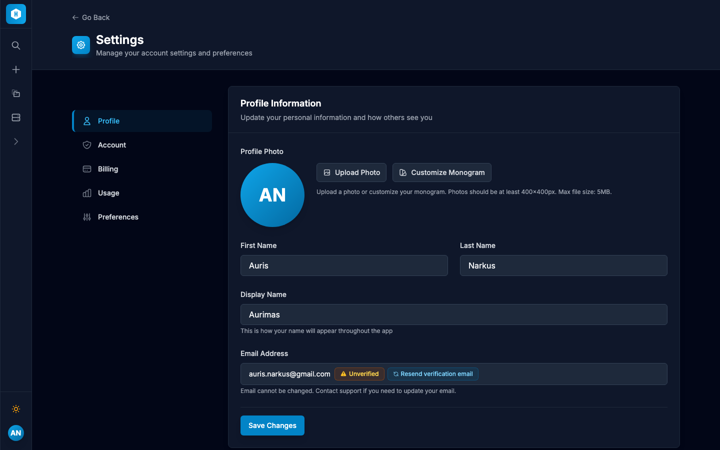Account settings with security and profile management options