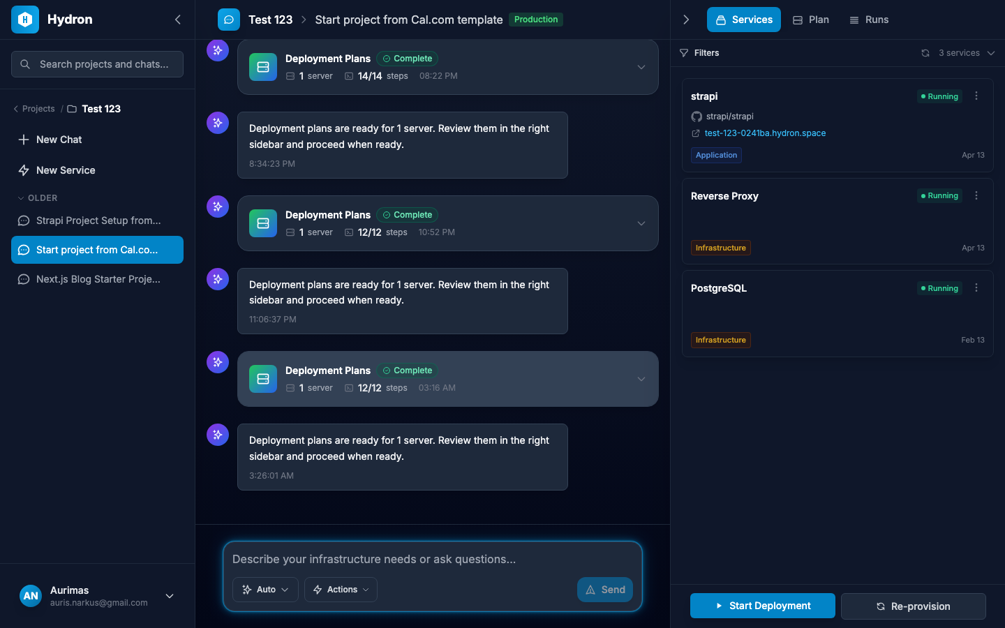 The Services and Plan panels in the right sidebar