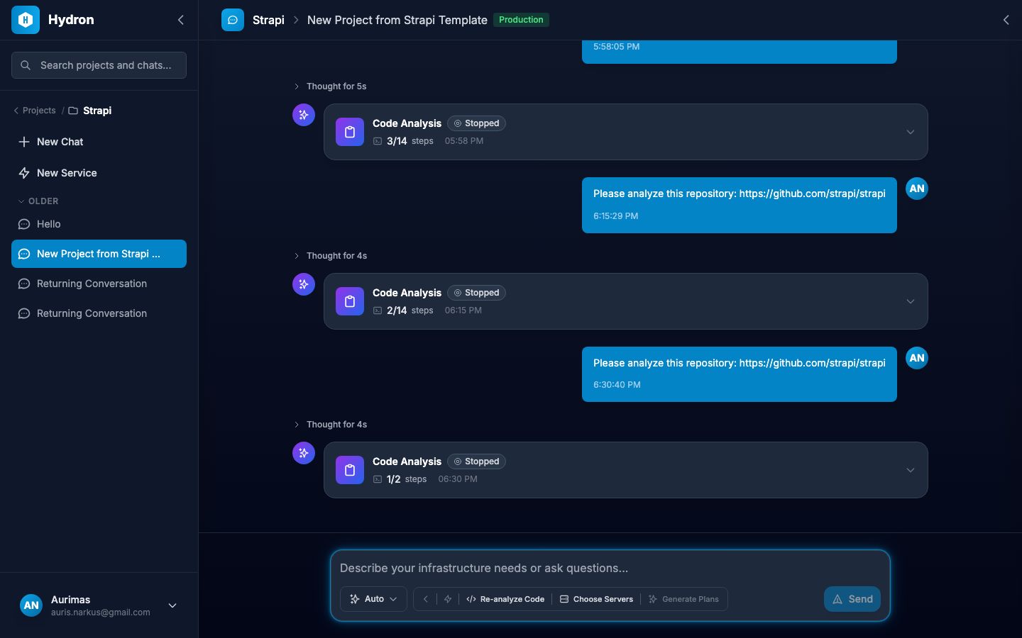 The chat shows AI analysis results with detected services in the right sidebar