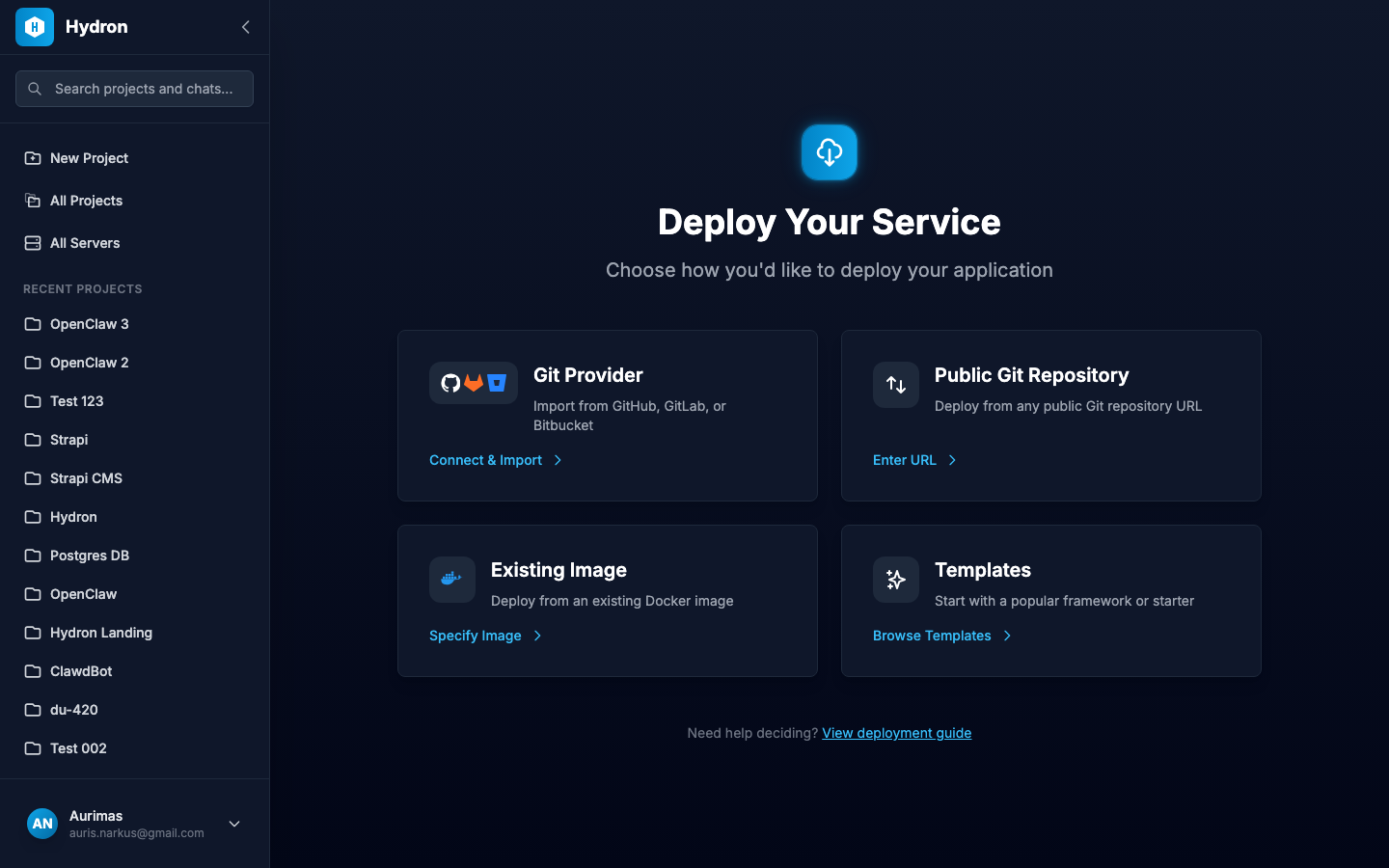 Select your deployment source — Git provider, public URL, Docker image, or templates
