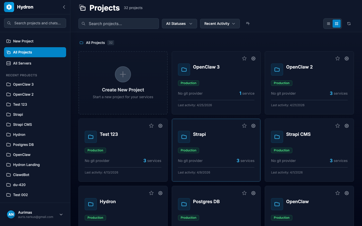 The Projects dashboard showing your projects organized in a card grid