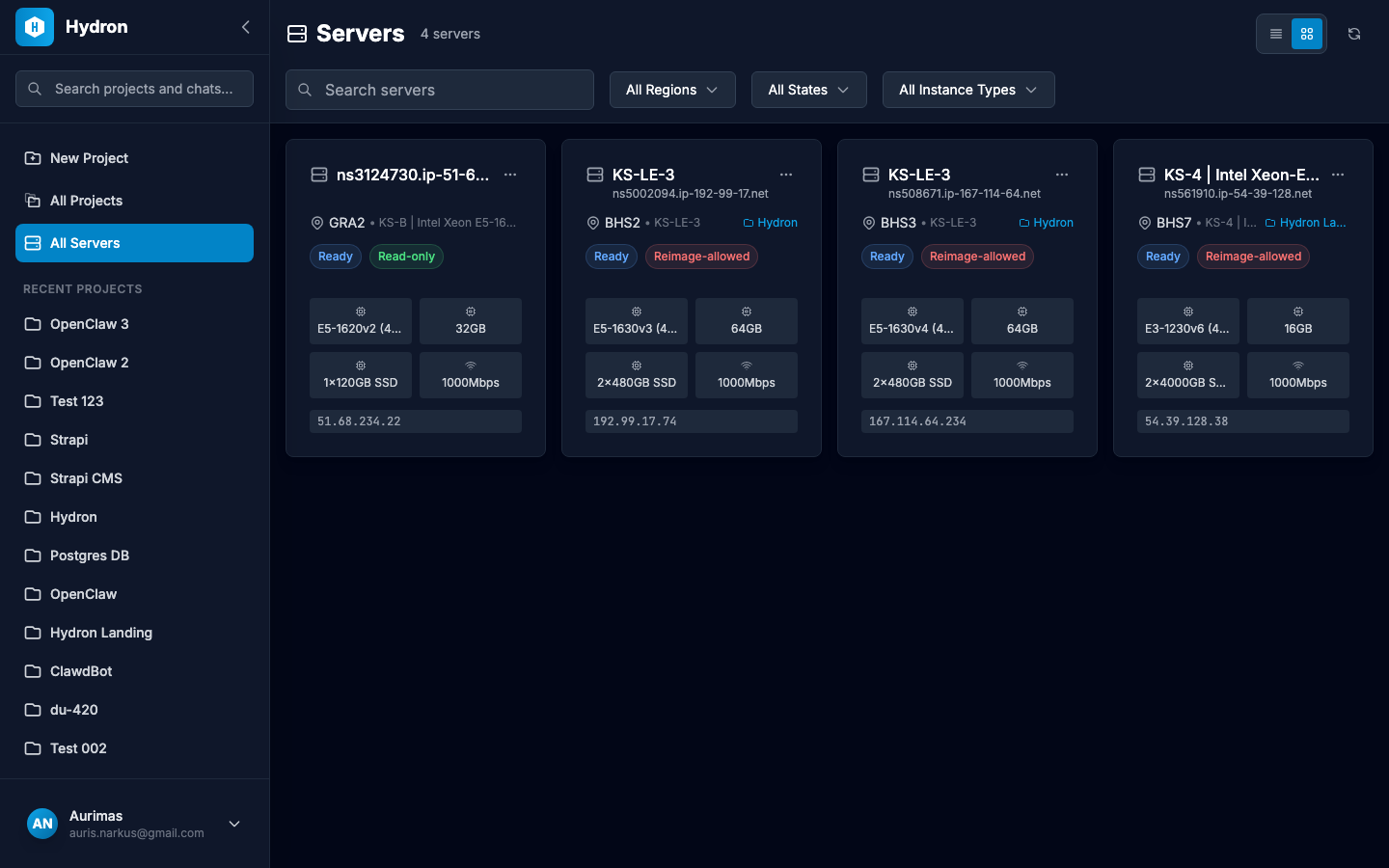 The Server Inventory showing servers with specs, status, and filtering